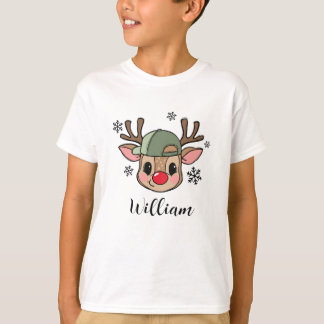 Personalized Cute Reindeer in Cap Christmas Boy T-Shirt