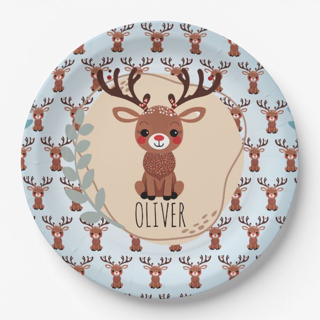 Personalized Cute Reindeer Pattern Paper Plates (Front)