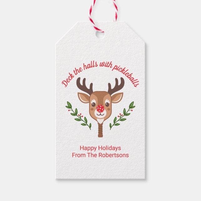 Personalized Cute Reindeer Pickleball  Gift Tags (Front)