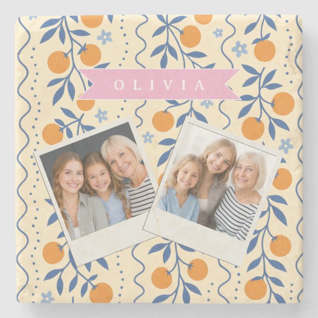 Personalized cute retro citrus folk pattern stone coaster (Front)