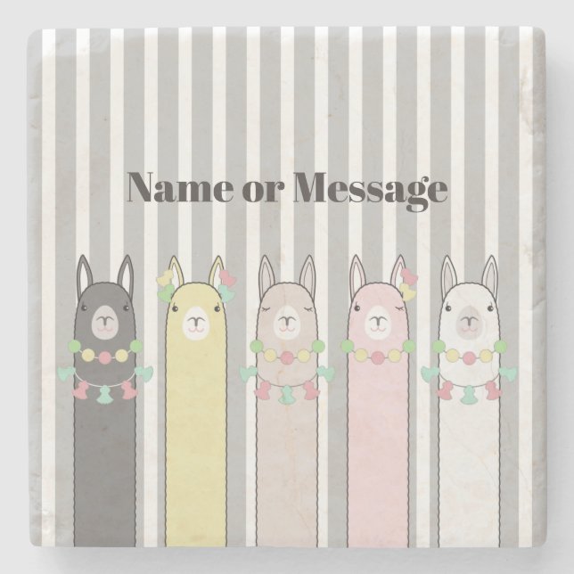 Personalized Cute Retro Colorful Llamas Girl Stone Coaster (Front)
