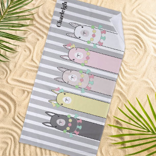 Personalized Cute Retro Colorful Llamas Kids Beach Towel