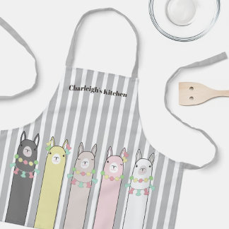 Personalized Cute Retro Colorful Llamas Kids Name Apron
