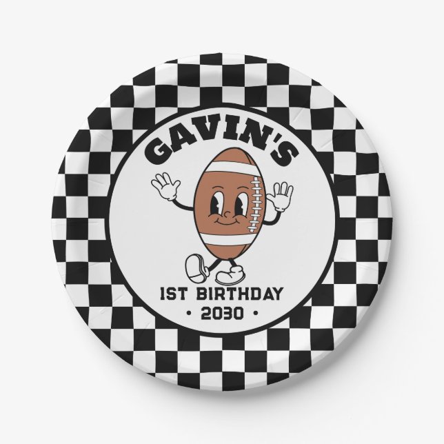 Personalized Cute Retro Football Birthday Party Paper Plates (Front)