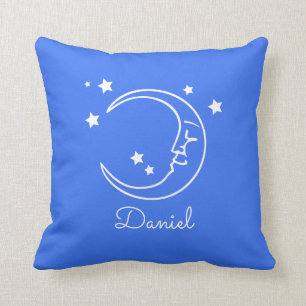 Personalized Cute Royal Blue Moon Stars Nursery Throw Pillow