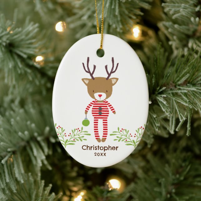 Personalized Cute Rustic Reindeer Kids Christmas  Ceramic Ornament (Tree)
