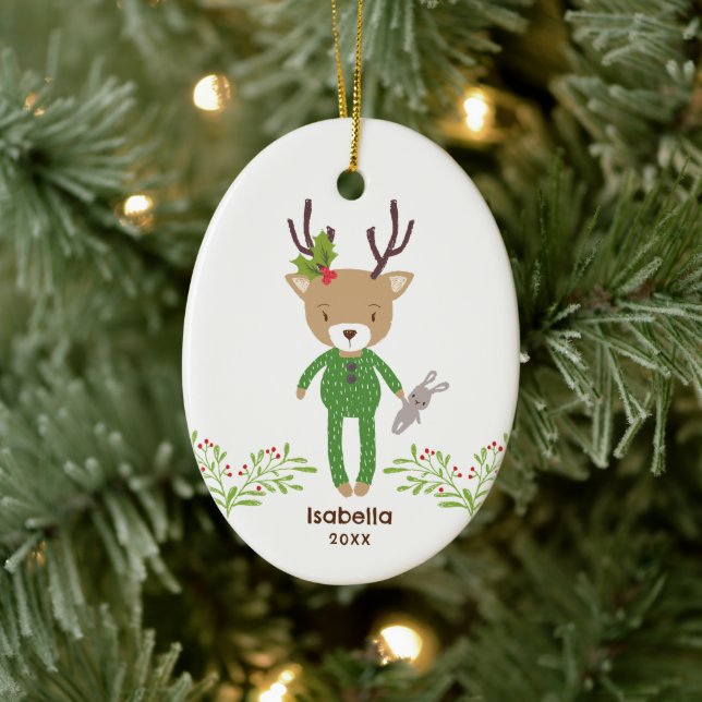 Personalized Cute Rustic Reindeer Kids Christmas  Ceramic Ornament (Tree)