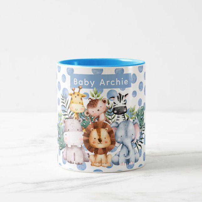 Personalized Cute Safari Animal baby boy name blue Two-Tone Coffee Mug (Center)