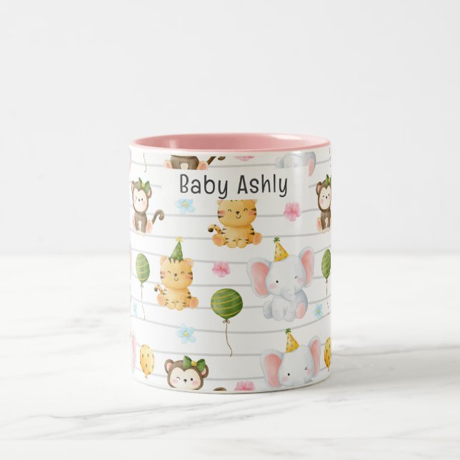 Personalized Cute Safari Animals Kids Name  Two-Tone Coffee Mug (Center)