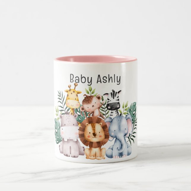 Personalized Cute Safari Animals Kids Name  Two-Tone Coffee Mug (Center)