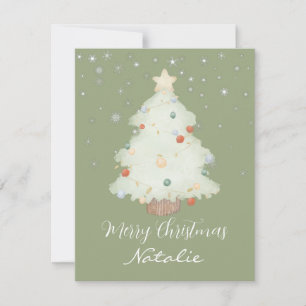Personalized cute sage green Christmas tree snow Note Card