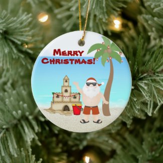 Personalized Cute Santa Beach Merry Christmas Ceramic Ornament