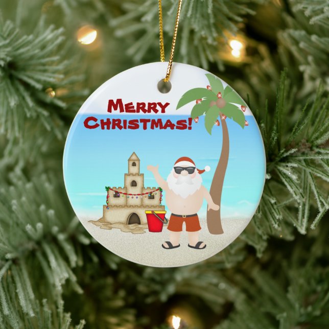 Personalized Cute Santa Beach Merry Christmas Ceramic Ornament (Tree)