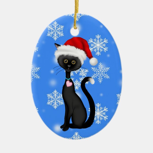 Personalized Cute Santa Cat n Snowflakes Christmas Ceramic Ornament (Front)