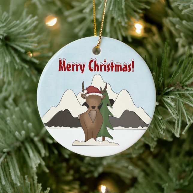Personalized Cute Santa Deer Mountain Ornament (Tree)