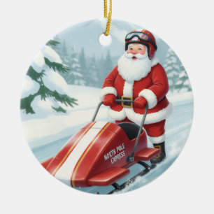 Personalized Cute Santa Doing Snowmobiling Ceramic Ornament