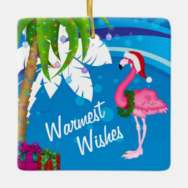 Personalized Cute Santa Flamingo Beach Christmas Ceramic Ornament (Front)