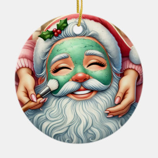 Personalized Cute Santa Getting a Facial  Ceramic Ornament