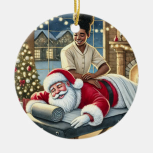 Personalized Cute Santa Getting a Massage Ceramic Ornament