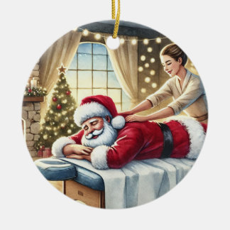 Personalized Cute Santa Getting a Massage Ceramic Ornament
