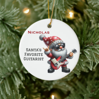 Personalized Cute Santa Gnome Playing Guitar Ceramic Ornament