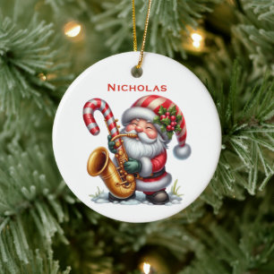 Personalized Cute Santa Gnome Playing Saxophone Ceramic Ornament