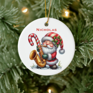 Personalized Cute Santa Gnome Playing Saxophone Ceramic Ornament