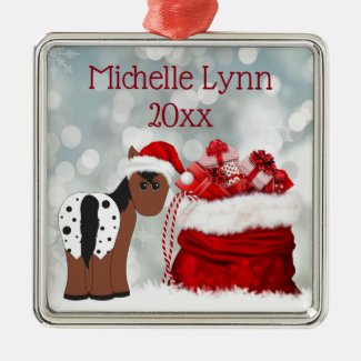 Personalized Cute Santa Horse and Gifts Christmas Metal Ornament