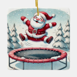Personalized Cute Santa Jumping on Trampoline Ceramic Ornament