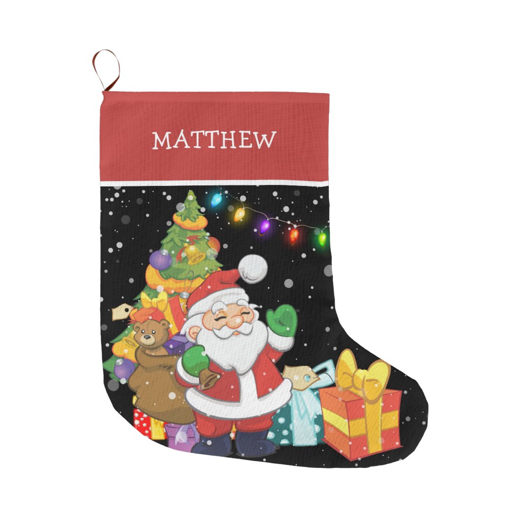 Personalized Cute Santa Kids' Christmas Large Christmas Stocking | Zazzle