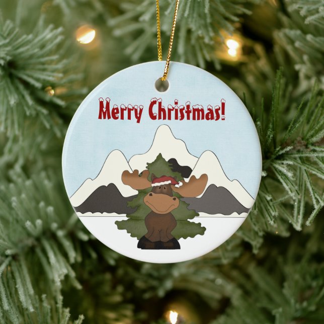 Personalized Cute Santa Moose Mountain Ornament (Tree)