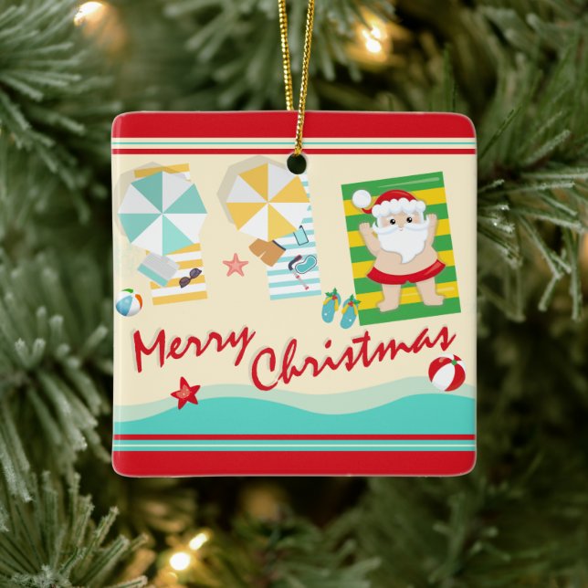 Personalized Cute Santa on the Beach Christmas Ceramic Ornament (Tree)