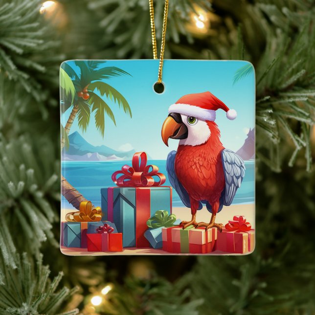 Personalized Cute Santa Parrot Beach Christmas Ceramic Ornament (Tree)