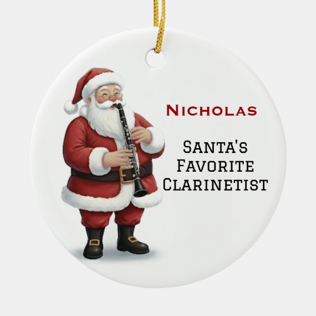 Personalized Cute Santa Playing Clarinet Ceramic Ornament (Front)