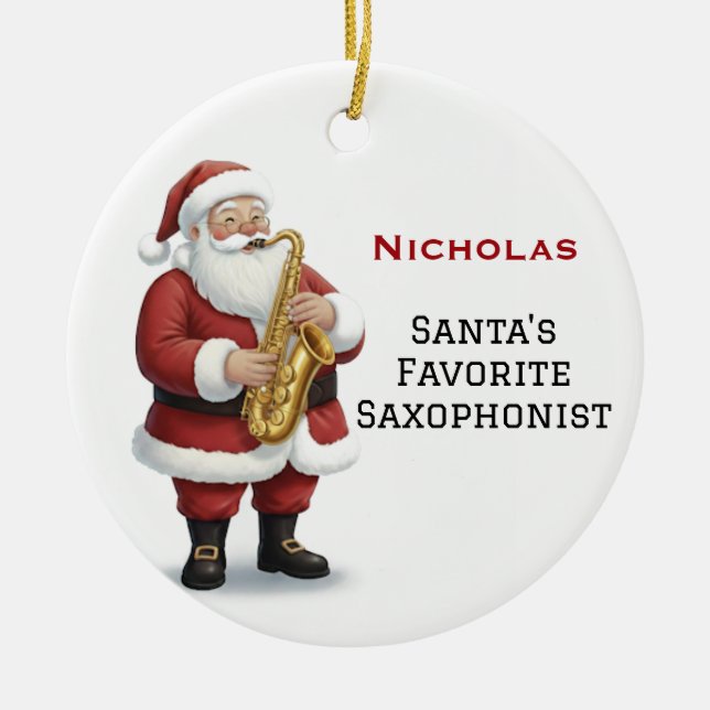 Personalized Cute Santa Playing Saxophone Ceramic Ornament (Front)