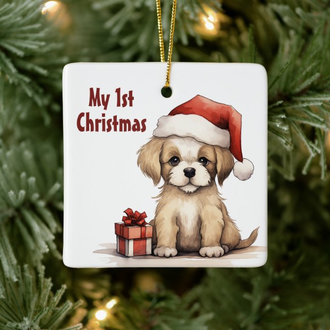 Personalized Cute Santa Puppy Dog 1st Christmas Ceramic Ornament (Tree)