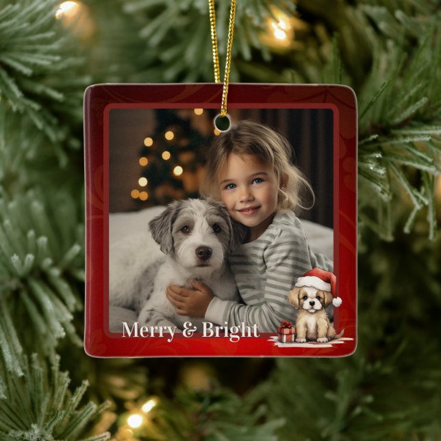 Personalized Cute Santa Puppy Dog Christmas Photo Ceramic Ornament (Tree)