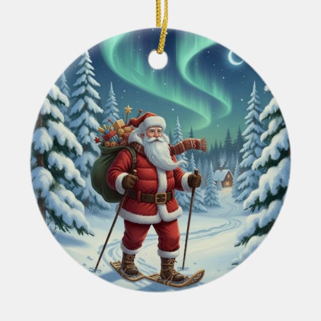 Personalized Cute Santa Snowshoeing Ceramic Ornament (Front)