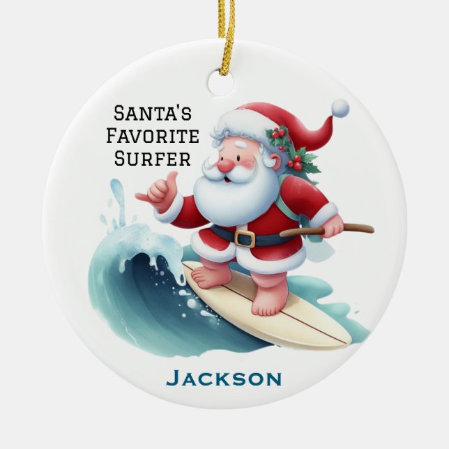 Personalized Cute Santa's Favorite Surfer Ceramic Ornament (Front)