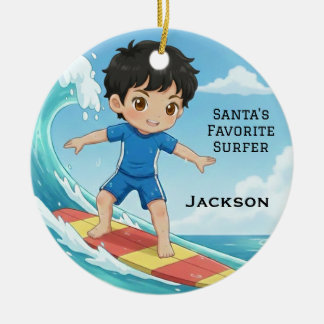 Personalized Cute Santa's Favorite Surfer Ceramic Ornament