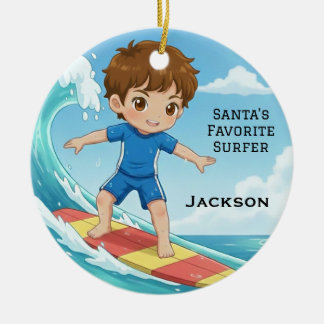 Personalized Cute Santa's Favorite Surfer Ceramic Ornament