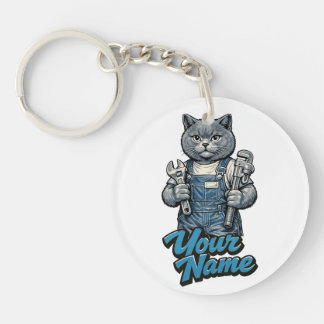 Personalized Cute Scottish Fold Cat Plumber Keychain