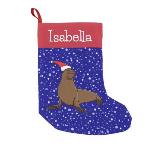 Personalized Cute Sea Lion in a Santa Hat Small Christmas Stocking