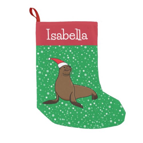 Personalized Cute Sea Lion in a Santa Hat  Small Christmas Stocking