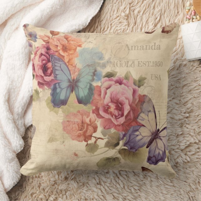 Personalized Cute shabby vintage botanical Rustic Throw Pillow (Blanket)