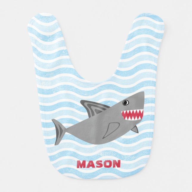 Personalized Cute Shark Blue Waves Bib (Front)
