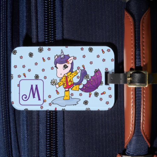 Personalized Cute  Simple Blue Unicorn Floral Luggage Tag