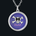 Personalized Cute Skull and Crossbones Silver Plated Necklace<br><div class="desc">Cool,  cute and funny graphic illustration of skull and crossbones. A white skull with big black eyes and long white teeth. Personalize with a name in a pink girly font.</div>