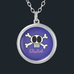 Personalized Cute Skull and Crossbones Silver Plated Necklace<br><div class="desc">Cool,  cute and funny graphic illustration of skull and crossbones. A white skull with big black eyes and long white teeth. Personalize with a name in a pink girly font.</div>