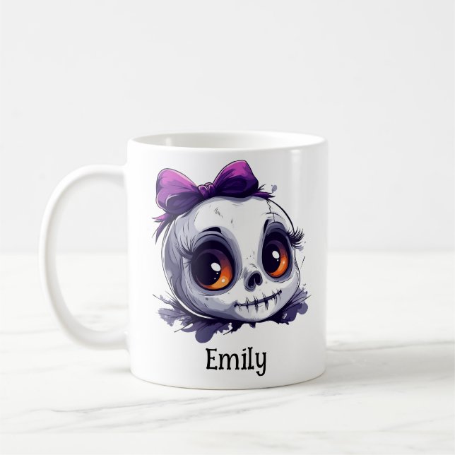 Personalized Cute Skull with Bow Halloween Coffee Mug (Left)